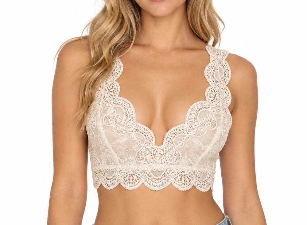Wishlist Blush Lace Scalloped Racerback Bralette Crop Top V-Neck Off-White